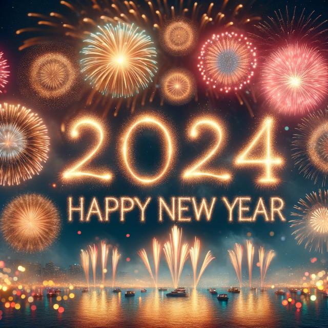 A vibrant display of fireworks in the night sky, with the numbers '2024' formed by the sparkling lights, celebrating the New Year.