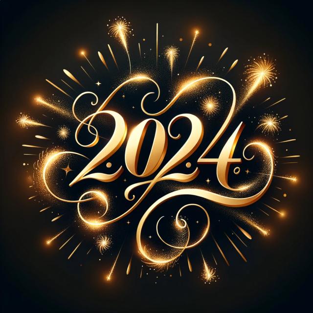 Elegant cursive text of the year '2024' with a burst of golden sparkles around it