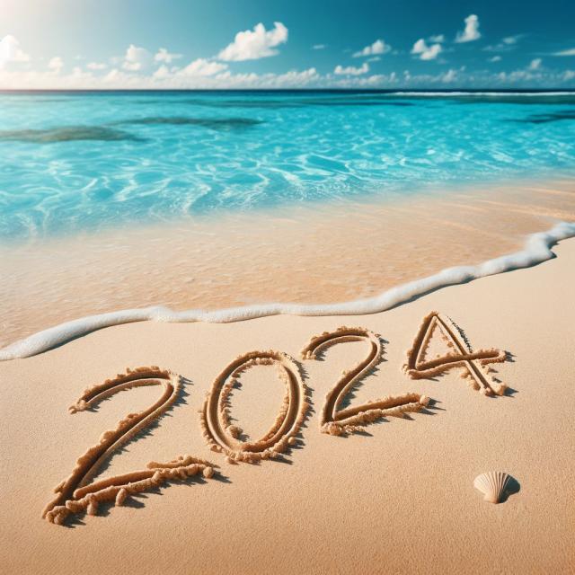 2024 hand-written thinly in the sand of a sunny tropical beach