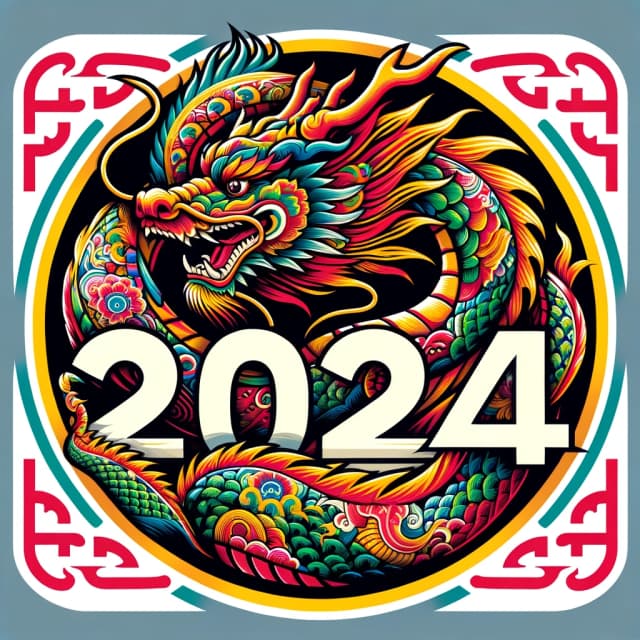 The year '2024' in bold and clear text at the center, intertwined with a colorful depiction of a Chinese Dragon