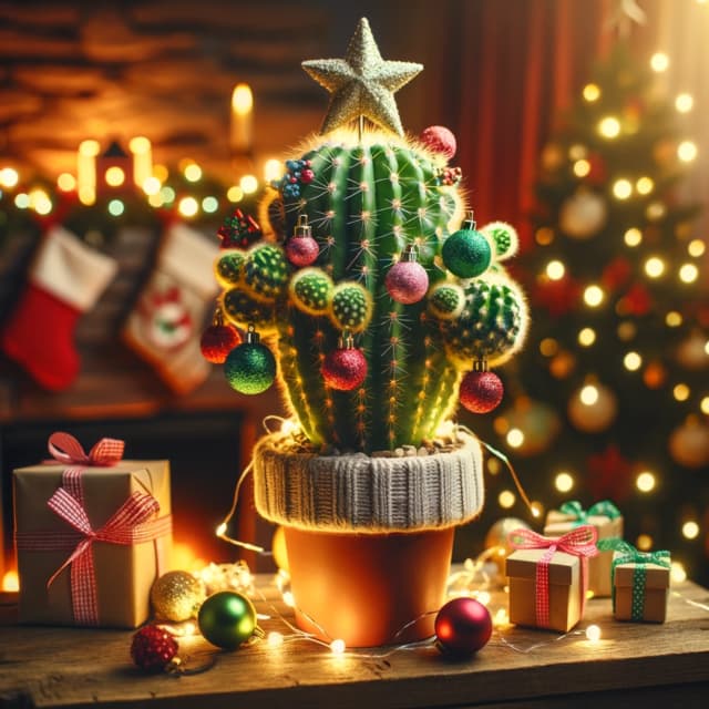 Christmas scene featuring a uniquely decorated Christmas cactus