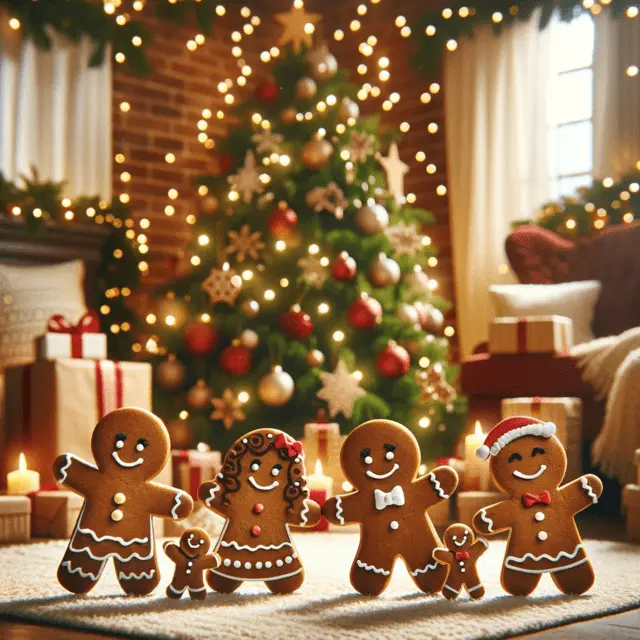 Cute cookie family dancing under a beautifully decorated Christmas tree