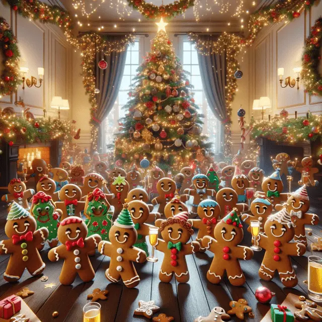 Cute cookie party dancing under a beautifully decorated Christmas tree