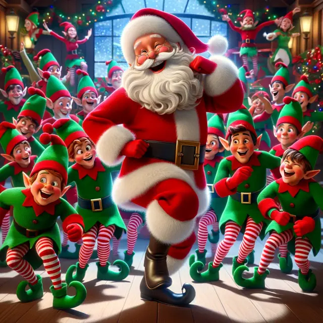 Santa Claus dancing with his elf helpers