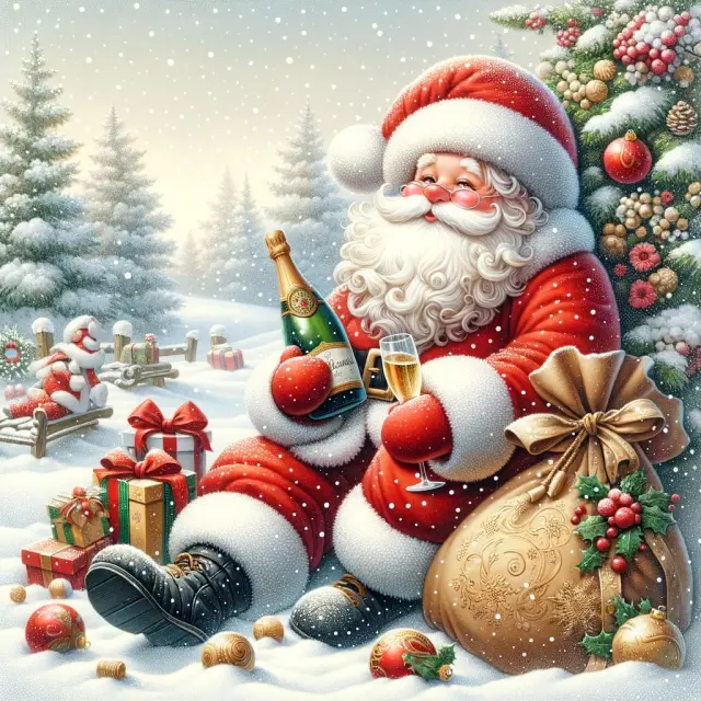 Santa Claus sitting in the snow with a bag and a bottle of champagne