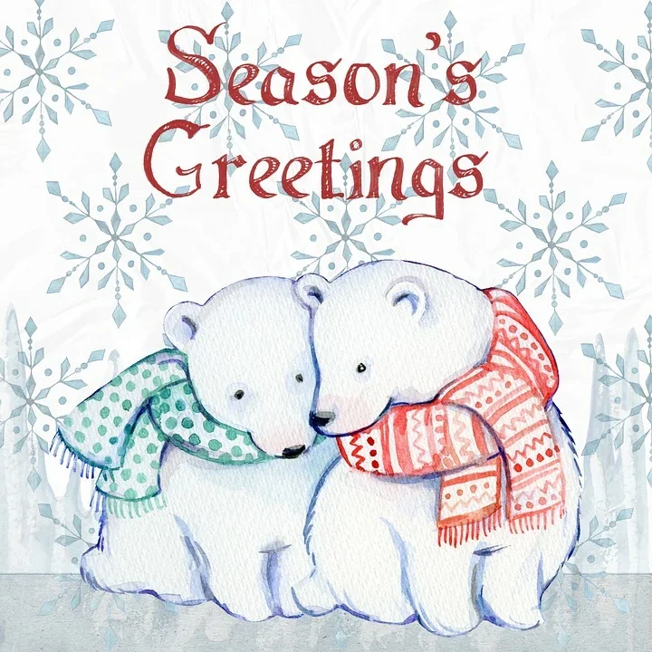illustration of two polar bears cuddling wearing christmas scarfs