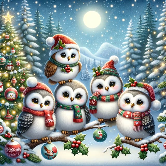 Group of whimsically illustrated Christmas owls