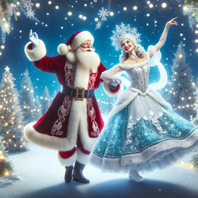 Santa Claus joyfully dancing with the Snow Maiden in a magical winter landscape