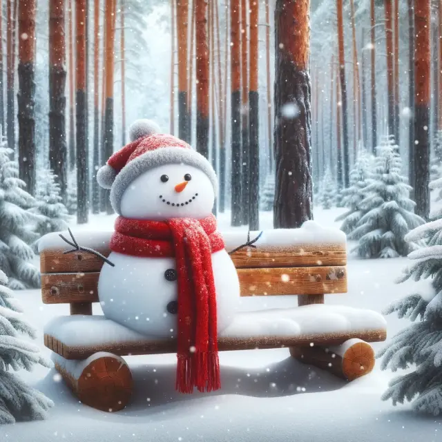 Snowman wearing a red scarf, sitting on a bench in a snow-covered forest